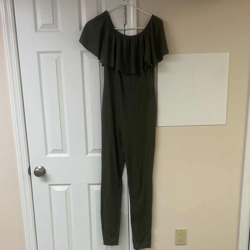 Hype Olive Green Off The Shoulder Jumpsuit Ruffle Trim